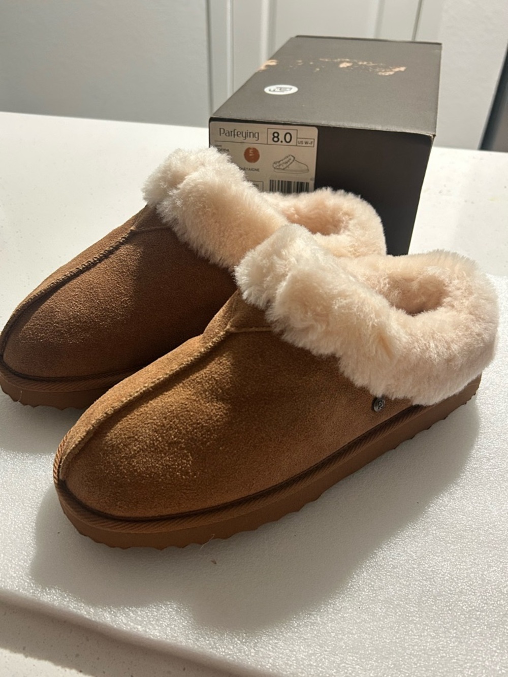 NWT Parfeying Chestnut Suede Slippers 8 Real Wool Lining Cozy Winter Mules Shoes